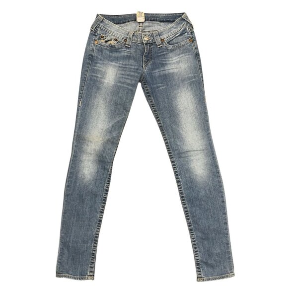 True Religion Womens Skinny Jeans 28 32 Light Wash Distressed Embroidered Blue - Picture 2 of 8